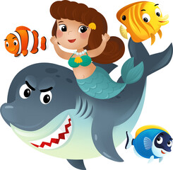 cartoon scene with mermaid princess and shark swimming together having fun with coral reef fishes isolated illustration for kids