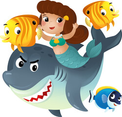 cartoon scene with mermaid princess and shark swimming together having fun with coral reef fishes isolated illustration for kids