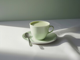 Green cup of matcha latte on a table.	
