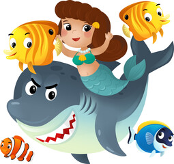 cartoon scene with mermaid princess and shark swimming together having fun with coral reef fishes isolated illustration for kids