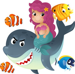 cartoon scene with mermaid princess and shark swimming together having fun with coral reef fishes isolated illustration for kids
