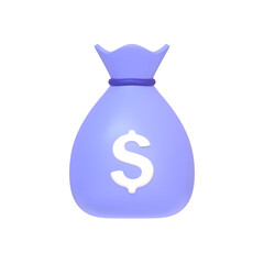 Purple money bag icon with white dollar sign on white background. Minimalist cartoon style. Concept of business, financial investment or savings. 3d render illustration