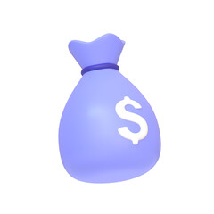 Purple money bag icon with white dollar sign on white background. Minimalist cartoon style. Concept of business, financial investment or savings. 3d render illustration