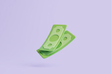 Green paper banknotes icon isolated on purple background. Money and payment concept. Minimalist 3d render illustration