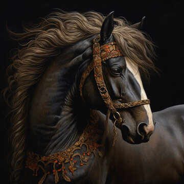 Painting showing a black Norwegian Forest horse, High Renaissance, Romanesque, Realist. Friesian style. Equine with ornate bridle and harness. Art horse concept
