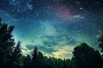 Forest and night august sky with stars. AI generated, human enhanced.