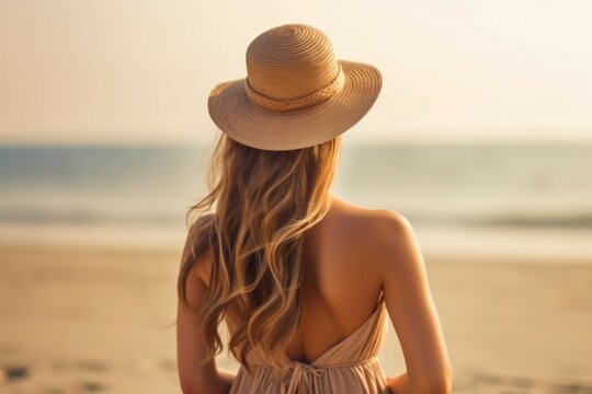 Woman on the beach near the sea, view from the back. Travel concept. AI generated, human enhanced
