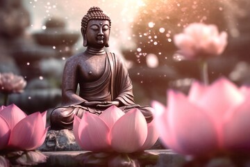 Buddha sitting on a lotus flower - obrazy, fototapety, plakaty