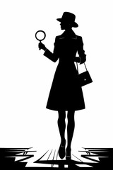 Silhouette of detective woman with magnifying glass - 608454571