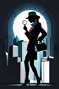 Female Private Investigator With Magnifying Glass