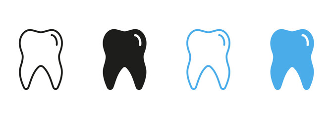 Human Tooth Line and Silhouette Color Icon Set. Oral Hygiene Pictogram. Tooth Care, Dental Treatment Symbol Collection on White Background. Dentistry Clinic Logo. Isolated Vector Illustration