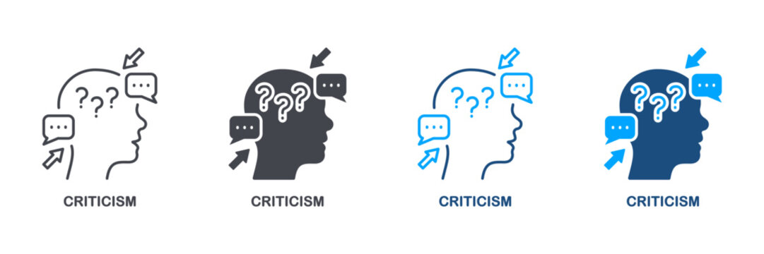 Critic Thinking, Intellectual Process Symbol Collection. Critical Review, Criticism Pictogram. Frustrated Human, Angry Swear and Complain Silhouette and Line Icon Set. Isolated Vector Illustration
