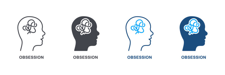 Mental Obsession in Human Head Silhouette and Line Icon Set. Brainstorm, Depression, Chaos Pictogram. Person Mind Disorder Symbol Collection. Intellectual Process. Isolated Vector Illustration