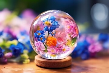 Colorful Flowers in glass ball effect with blurred Flowers background.