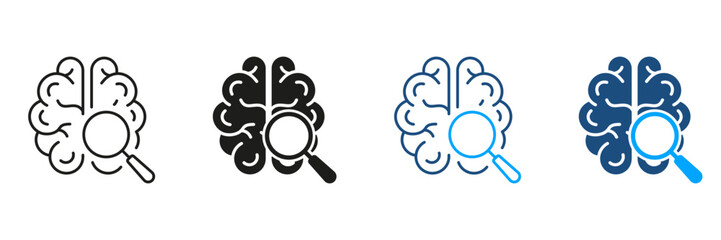 Neurology Science Exploration Black and Color Symbol Collection. Brain with Magnifier Silhouette and Line Icons Set. Medical Exam, Research of Human Mind Pictogram. Isolated Vector Illustration