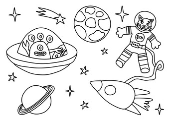 Space illustration with planets, stars, rocket, astronaut and alien doodle outline for coloring book