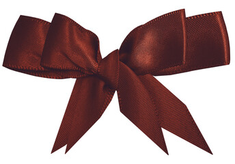 Double dark red decorative bow. Fabric red ribbon, object of tied bows for decorating a flower or a gift. Color burgundy, white isolated. Png.