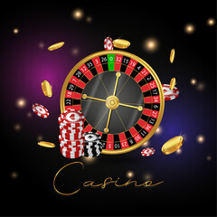 Casino poker roulette with gold coins and chips. Vector illustration
