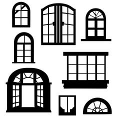 Vector illustration. Large set of Silhouettes. Window frames and windows.