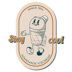 Ice cream logo groovy character 70s retro style illustration.Print mascot for branding or sticker, poster.Vector illustration	