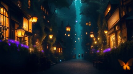 Fantasy village at night, fireflies, illustration 