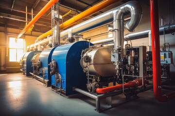  Interior of modern industrial boiler room - large metal tanks and pipes, heat generation industry concept. Generative AI