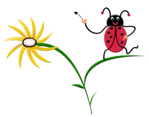 Fotobehang Illustration of a cheerful advertising ladybug on a flower. Cute ladybug bug on a dandelion. Isolated. Object transparent file available. PNG. © azteka
