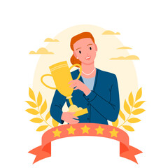 Best employee with golden trophy cup, award medal for winner of corporate work competition vector illustration. Cartoon isolated woman office worker inside recognition gold laurel wreath and ribbon
