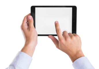 Hands Touching an iPad with Blank Screen