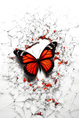 Abstract illustration of butterfly on broken white wall. Generative AI