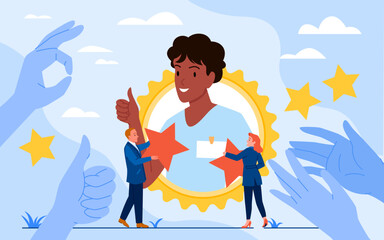Recognition for best employee vector illustration. Cartoon tiny corporate office workers give star prizes to confident man inside round golden frame of medal, hands of people clap to hero champion