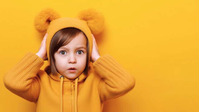 Surprised little girl in yellow holding her head shock.Generative AI