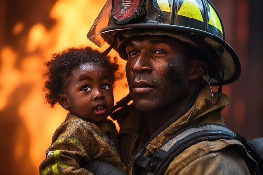 African American fireman rescuing baby boy. Generative AI
