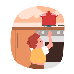 Danger to child in kitchen vector illustration. Cartoon cute baby boy playing near hot pot of boiling water on stove, burn risk and accident, dangerous kids curiosity while parent cooking in kitchen