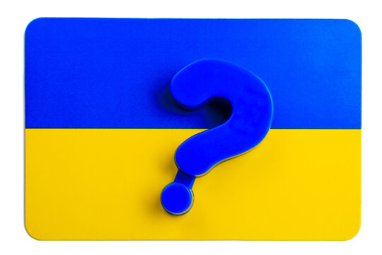 Question mark on the flag of Ukraine. The concept of uncertainty and the question of when the war will end. Background