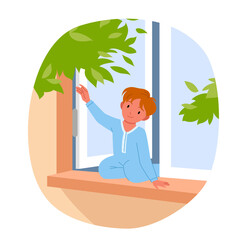 Danger of child falling out of open window vector illustration. Cartoon baby boy in romper sitting on windowsill of home apartment, risk attention of falls and injury for playing careless kid