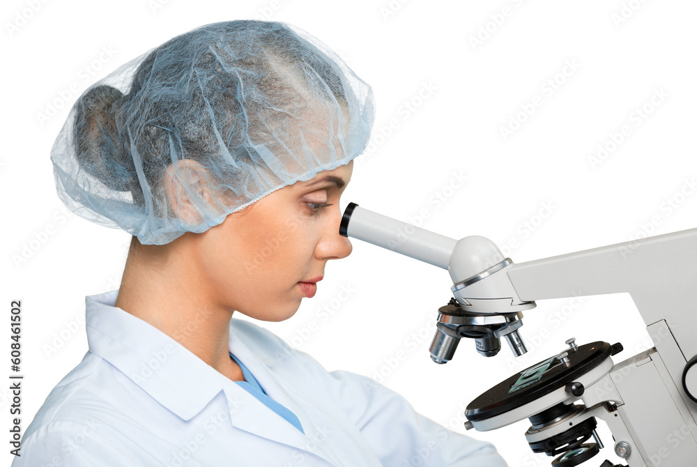 Sticker Scientist Working with Microscope isolated on white background