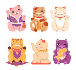 Cartoon isolated various poses collection of cute maneki neko characters, funny doll animal and symbol of money and wellbeing, luck and good fortune. Japanese lucky cats set vector illustration