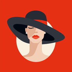Vector Beautiful Woman with Big Hat and Red Lips in Flat Style. Solidarity People and Womens Rights Concept. Feminism, Protest, Rebel, Revolution Plackard, Print