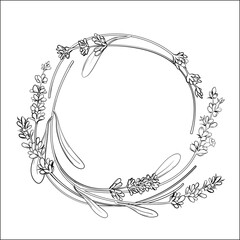 Lavender wreath simple thin line sketches set vector illustration. Hand drawn abstract lavendar plants with flowers and leaves, round border frame decoration for wedding invitation, greeting card