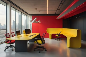 Interior of modern office with red and yellow walls, concrete floor, rows of computer tables and...
