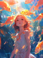 Obraz na płótnie Canvas Anime character girl and fish in under the sun shining water