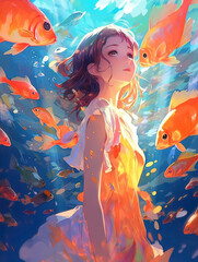 Anime character girl and fish in under the sun shining water