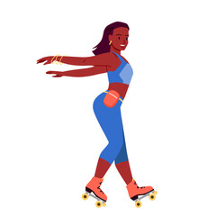 Fototapeta na wymiar Girl dancing on roller skates on dance party vector illustration. Cartoon isolated happy sporty and beautiful young woman showing modern dance movement with emotions, skating on boots with wheels