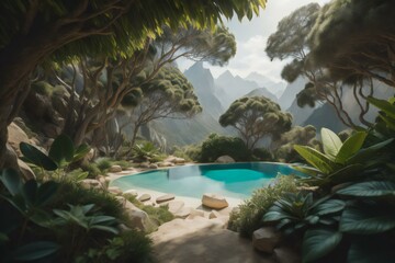 Fototapeta na wymiar Swimming pool in the jungle of the island. ai generated