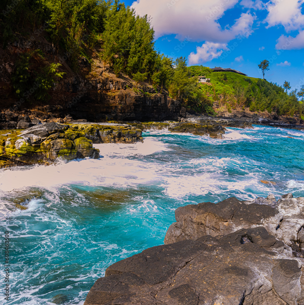 Wall mural waves crash over exposed lava reef, kauapea beach, kauai, hawaii, usa