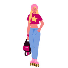 Girl in roller skates vector illustration. Cartoon isolated young woman in blue jeans, pink boots with wheels and skating helmet holding backpack and standing, sporty female character rollerskating