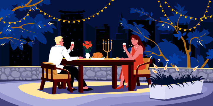 Cartoon scene with elegant man and woman dining at table and drinking wine, love date at night luxury terrace of roof. Romantic dating and dinner of couple in rooftop restaurant vector illustration
