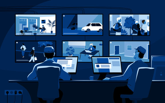 Security guards control CCTV camera system in dark room of video surveillance center with screens vector illustration. Cartoon officers characters monitor private property and public area, roads