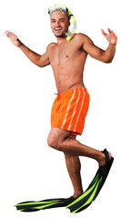 Happy smile man swimmer wearing mask, snorkel and flippers walking © BillionPhotos.com